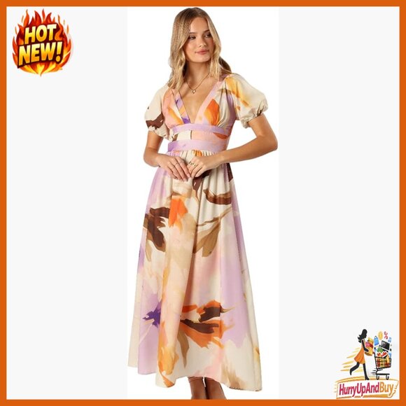 Maxi Dress Elegant Chic Casual Deep V Neckline Shirred Back Keyhole Cutout